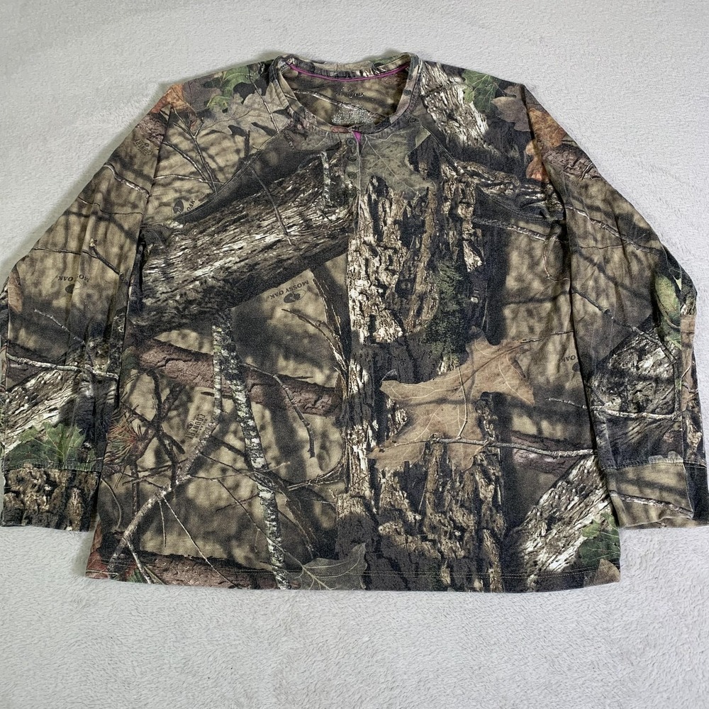 Mossy Oak Shirt Womens Large Green Brown Camo Henley Long Sleeve Hunting Ladies